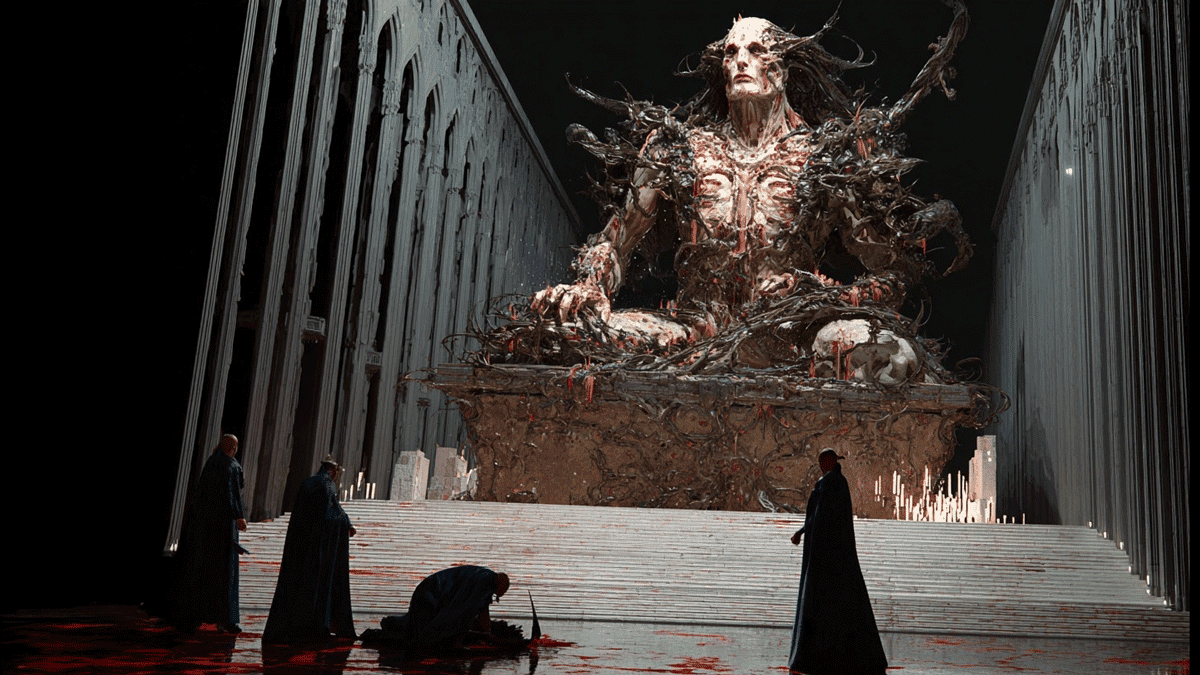 A colossal throne-bound demonic figure inside a vast cathedral-like hall.