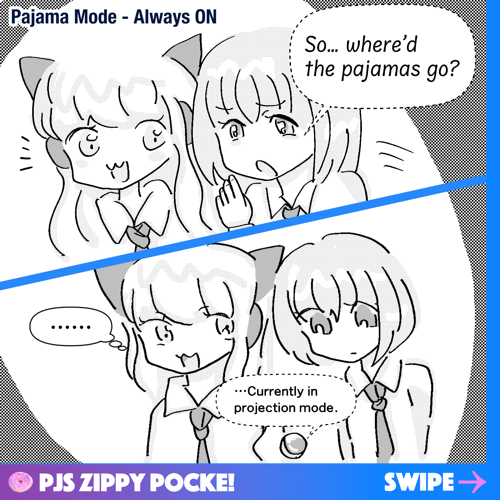 An illustration showing the tonal mix of comedy, soft sci-fi, and philosophical drift in PJs Zippy Pocke!.