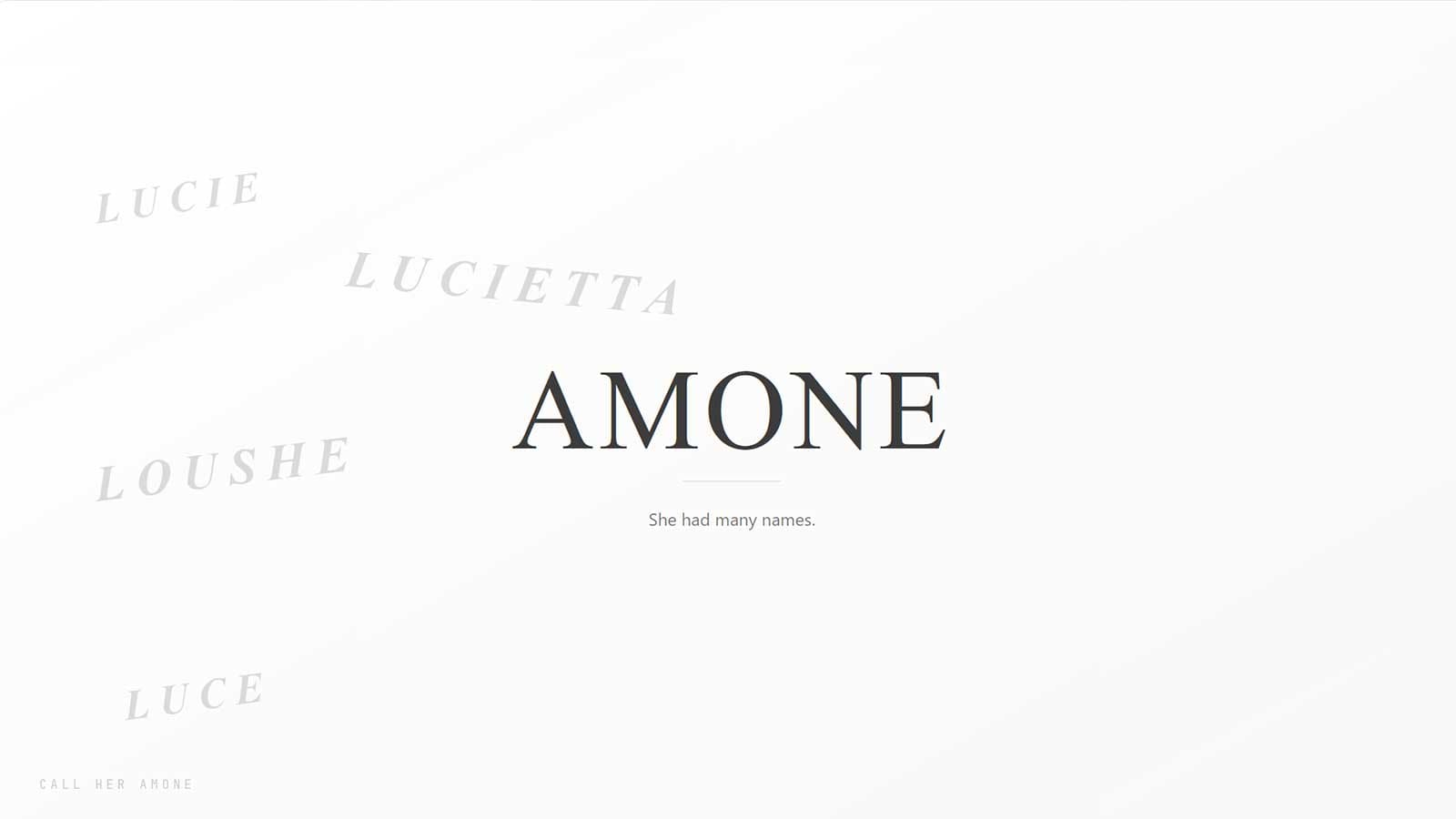 A poetic thumbnail featuring the name Amone among several variations of Lucie’s name.